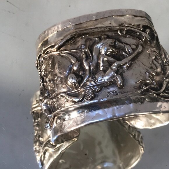 Victorian Spoon Ring Sterling Silver 925 Cuff Bracelet Floral Art Nouveau Heavy - Picture 6 of 8